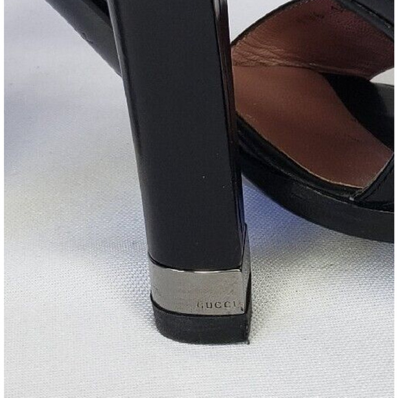 GUCCI Size 7.5 Black Leather Ankle Strap Heel Logo Plate Open Toe Sandals Shoes - Picture 4 of 13